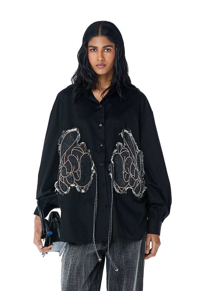 Warped Vine' Denim Appliqu√© Shirt - Kanika Goyal Label