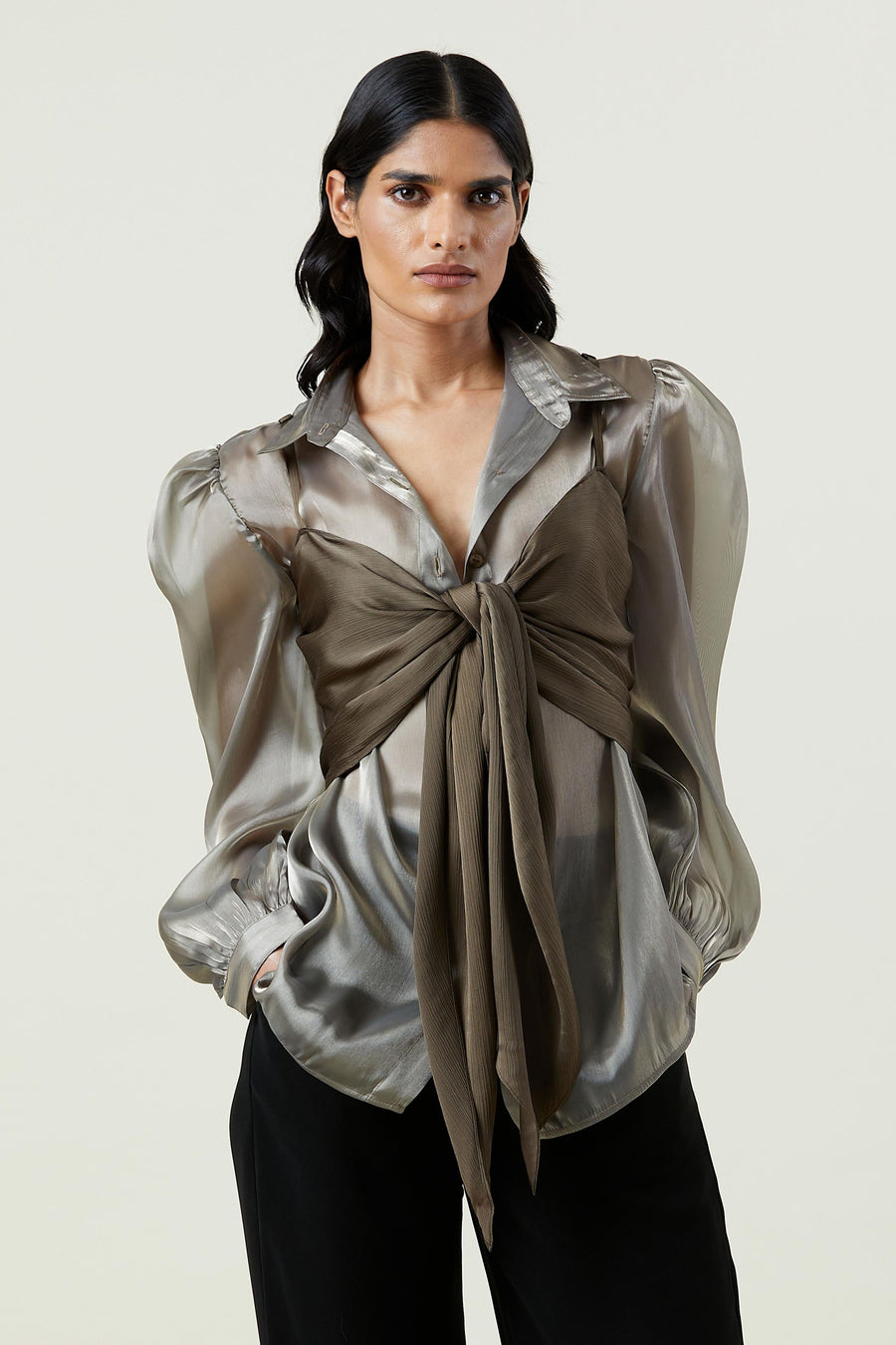 BROWN ORGANZA SHIRT - Kanika Goyal Label